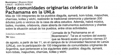 Siete comunidades originarias celebrarán la Pachamama en la UNLa