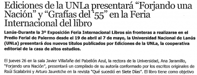 Ediciones de la UNLa presentará &quot;Forjando una Nación&quot; y &quot;Gráficas del 55&quot; en la Feria Internacional de Libro