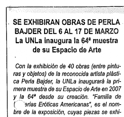 Se exhibiran obras de Perla Bajder del 6 al 17 de marzo. La UNLa inaugura la 64º muestra de su Espacio de Arte