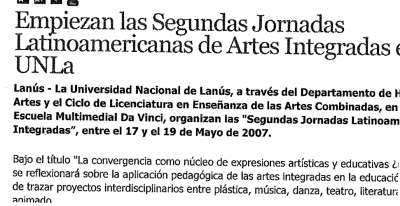 Empiezan las Segundas Jornadas Latinoamericanas de Artes Integradas en la UNLa