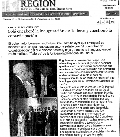 Solá encabezó la inauguración de Talleres y cuestionó la coparticipación
