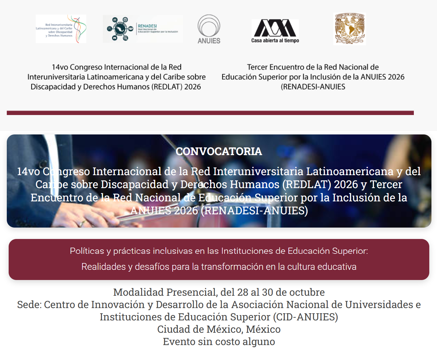 Convocatoria 14vo Congreso Internacional REDLAT y 3er Encuentro RENADESI-ANUIES. 28 al 30 de octubre 2026, México.