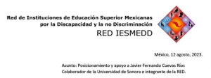 Encabezado de la RED IESMEDD: Posicionamiento en apoyo a Javier Fernando Cuevas R&iacute;os, 12 de agosto de 2023.
