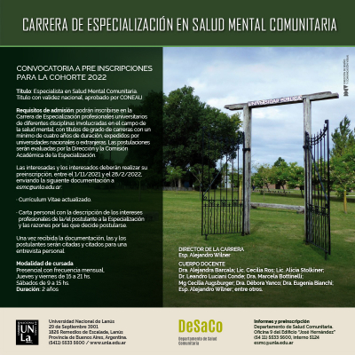 Inscripciones para la cohorte 2022 de la Especialización en Salud Mental Comunitaria
