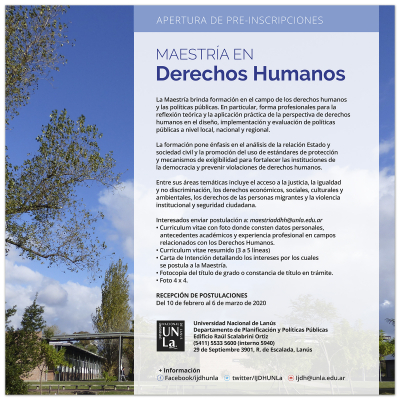 Abierta la inscripción para la Maestría en Derechos Humanos