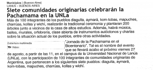 Siete comunidades originarias celebrarán la Pachamama en la UNLa