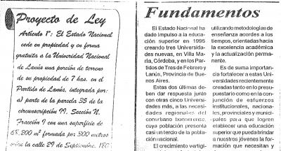 Proyecto de Ley de cesión de terrenos a la UNLa