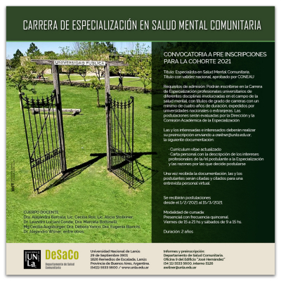 Inicia la preinscripción para la Carrera de Especialización en Salud Mental Comunitaria