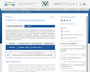 Covid 19 - Convocatoria de la Agencia Nacional de Promoción de la Investigación, el Desarrollo Tecnológico y la Innovación