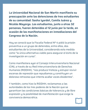 Sobre la detención de estudiantes de UNAHUR y UNSAM
