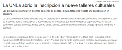 La UNLa abrió la inscripción a nueve talleres culturales
