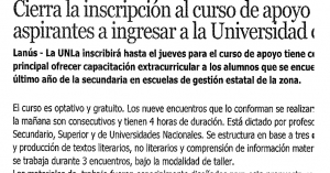 Cierra la inscripción al curso de apoyo para los aspirantes a ingresar a la Universidad de Lanús