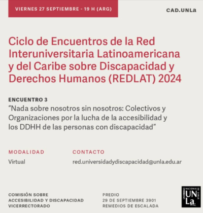 Flyer del Encuentro 3 de la REDLAT 2024: "Nada sobre nosotros sin nosotros". Viernes 27 de septiembre, 19 h (ARG), modalidad virtual.