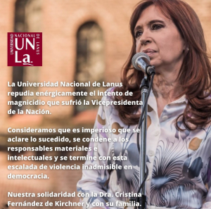 Repudio ante el intento de magnicidio que sufrió la Vicepresidenta de la Nación