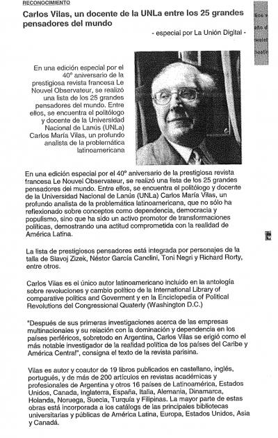 Carlos Vilas, un docente de la UNLa entre los 25 grandes pensadores del mundo