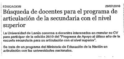 Búsqueda de docentes para el programa de articulación de la secundaria con el nivel superior