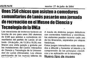 Unos 250 chicos que asisten a comedores comunitarios de Lanús pasarán una jornada de recreación en el Museo de Ciencia y Tecnología de la UNLa