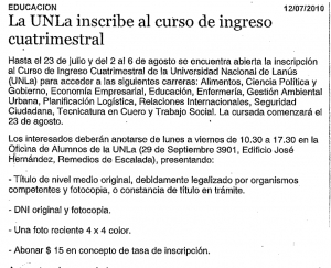La UNLa inscribe al curso de ingreso cuatrimestral