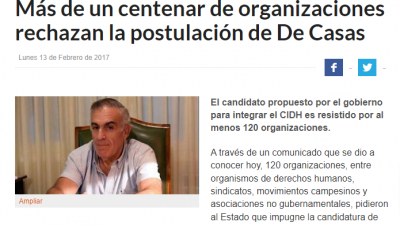 Más de un centenar de organizaciones rechazan la postulación de De Casas